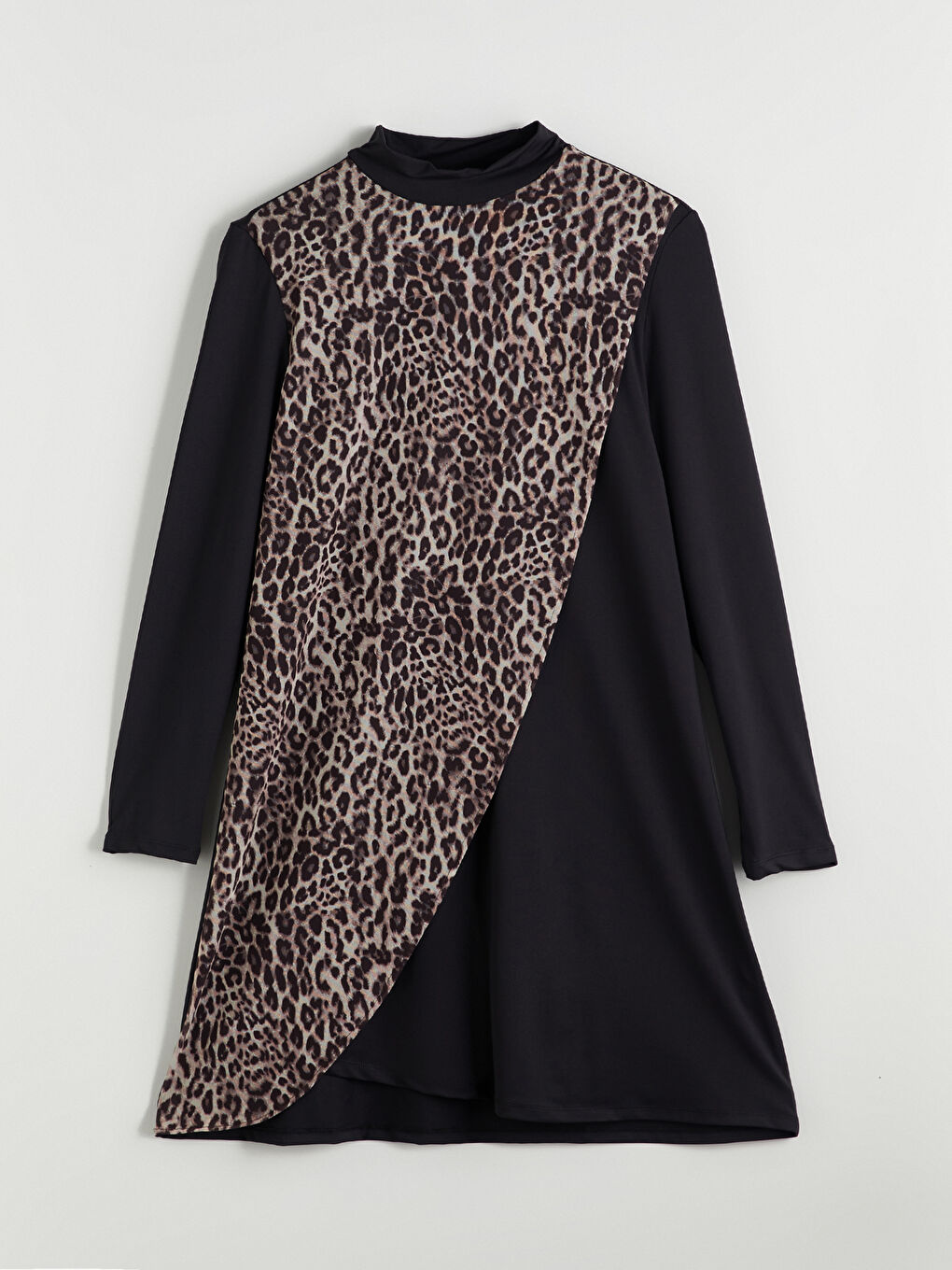 Siyah Dik Yaka Leopar Desenli Kadın Tesettür Mayo Takımı-5
