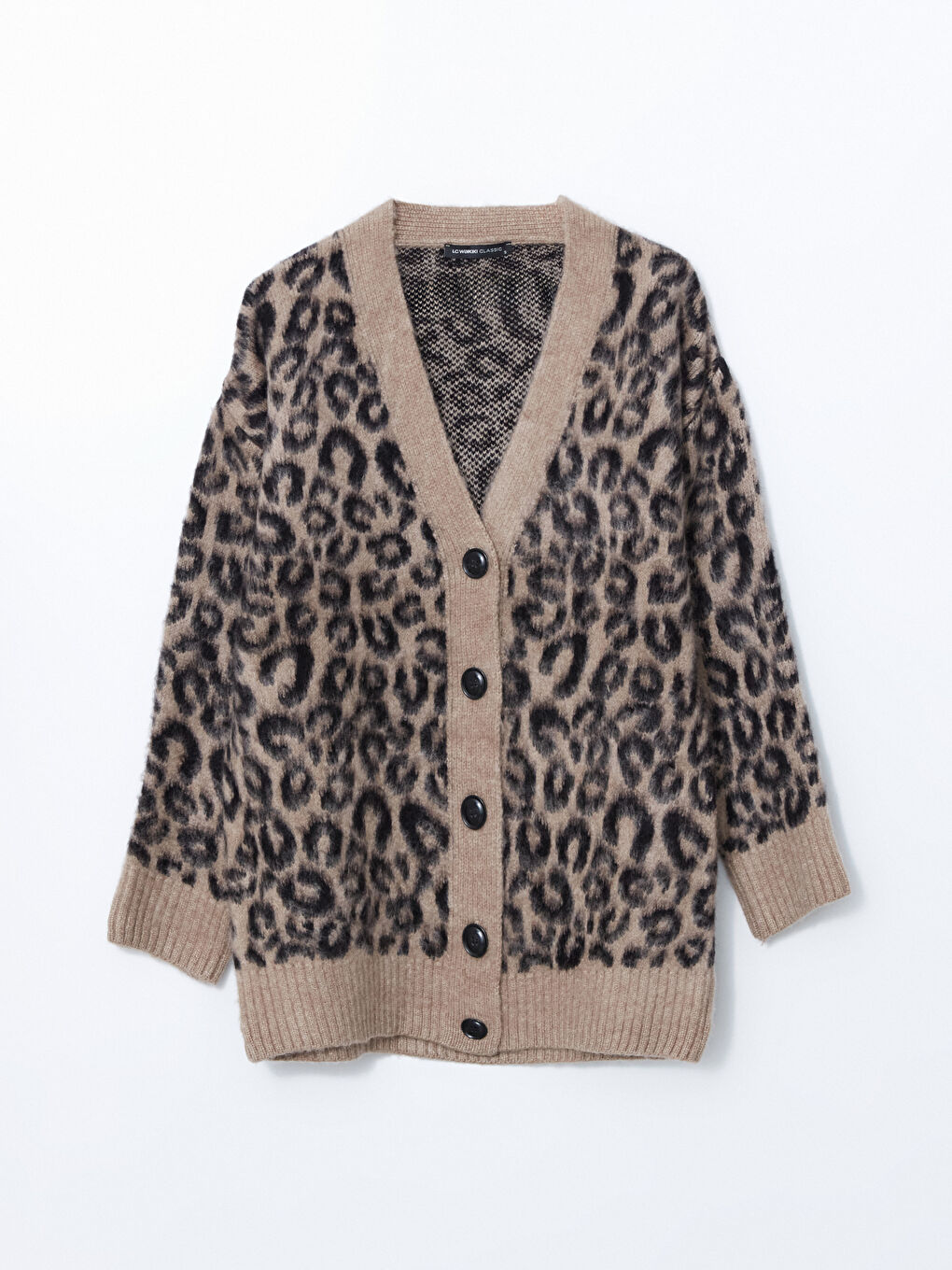 Bej V Yaka Leopar Desenli Kadın Triko Hırka-4