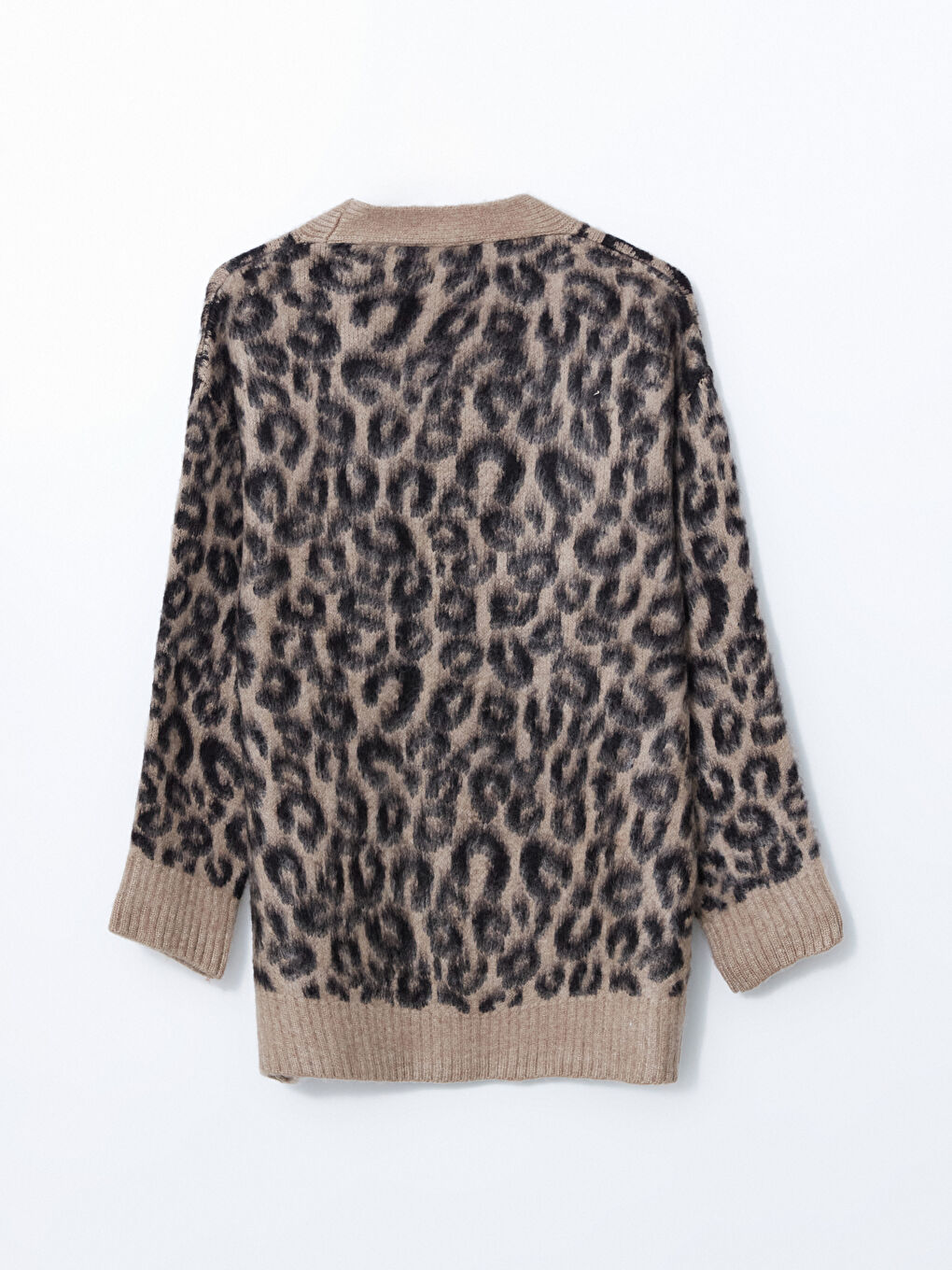 Bej V Yaka Leopar Desenli Kadın Triko Hırka-5