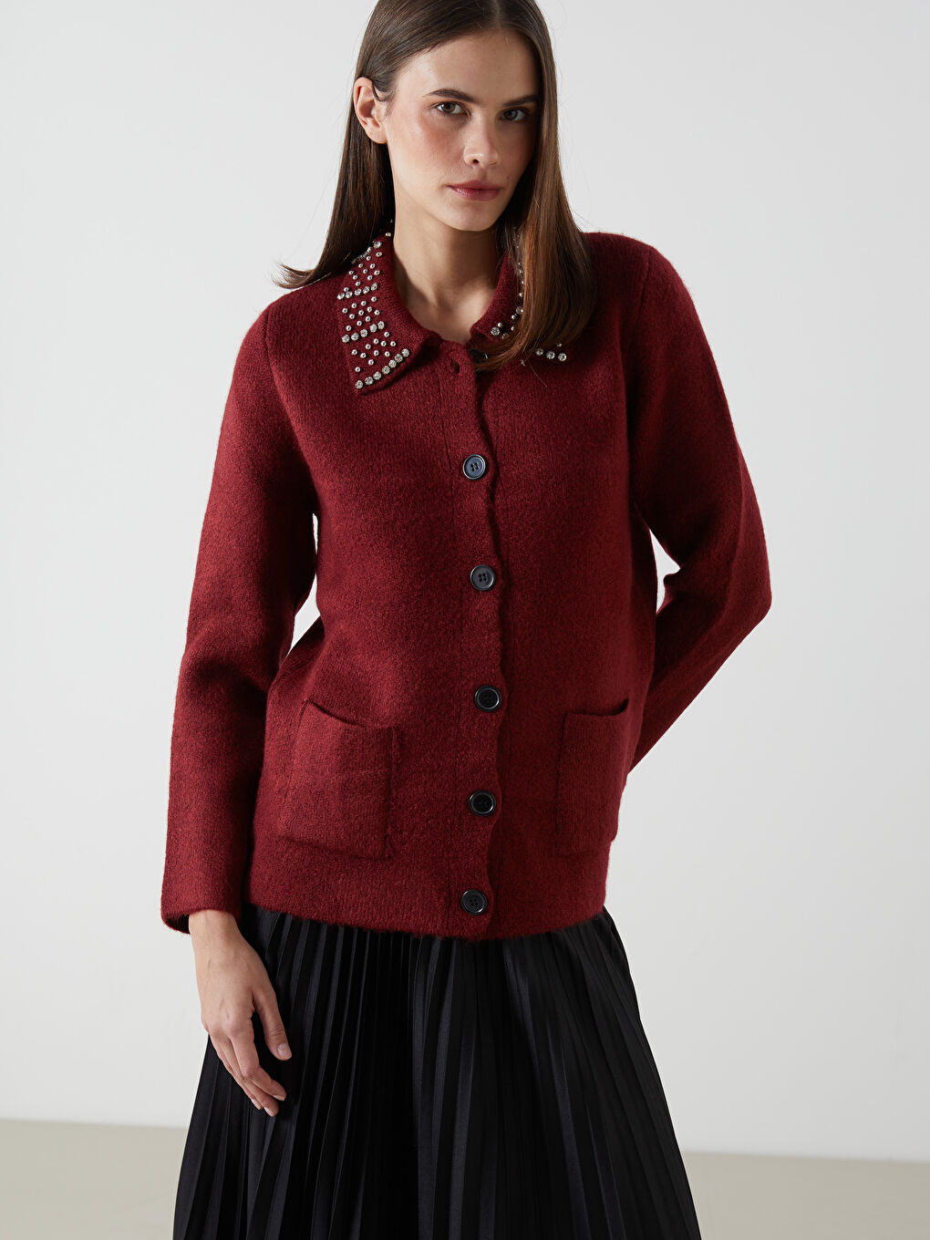 Bordo Polo Yaka Taşlı Kadın Triko Hırka-1