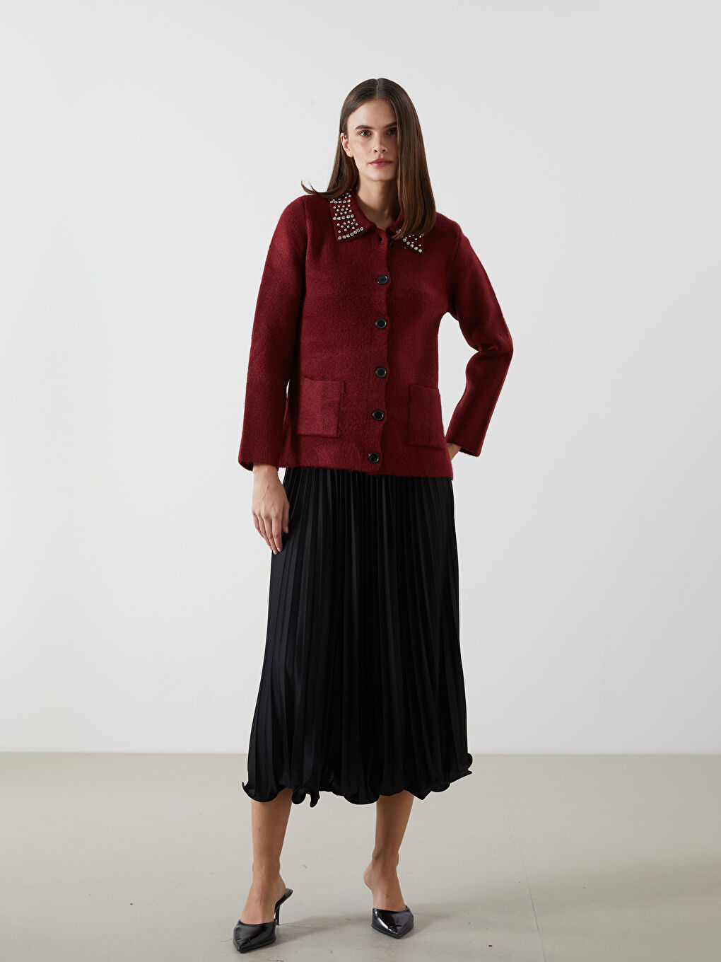 Bordo Polo Yaka Taşlı Kadın Triko Hırka-3