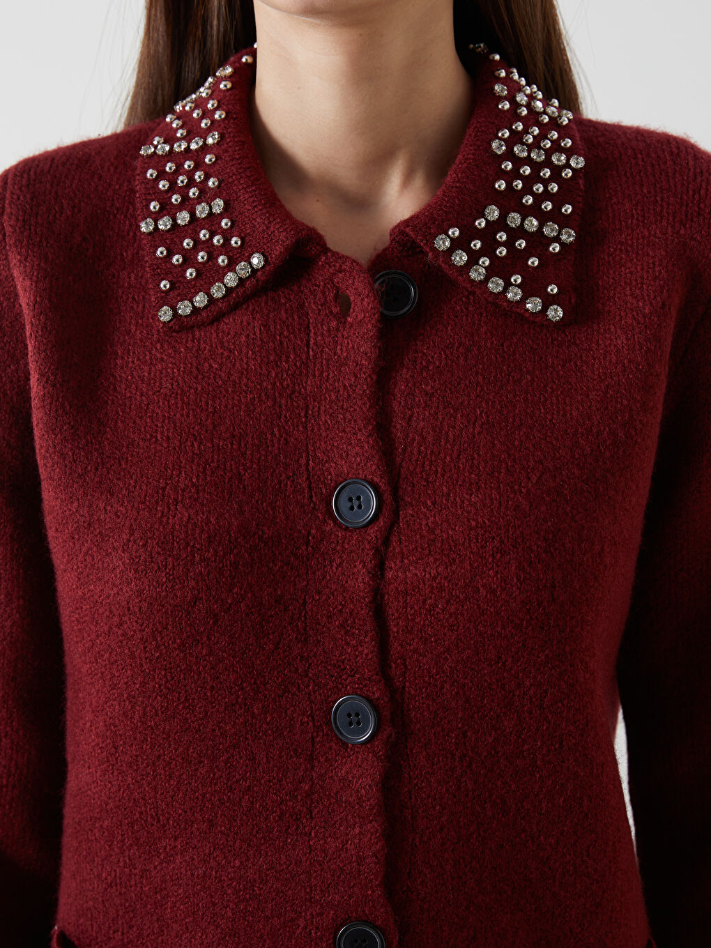 Bordo Polo Yaka Taşlı Kadın Triko Hırka-5