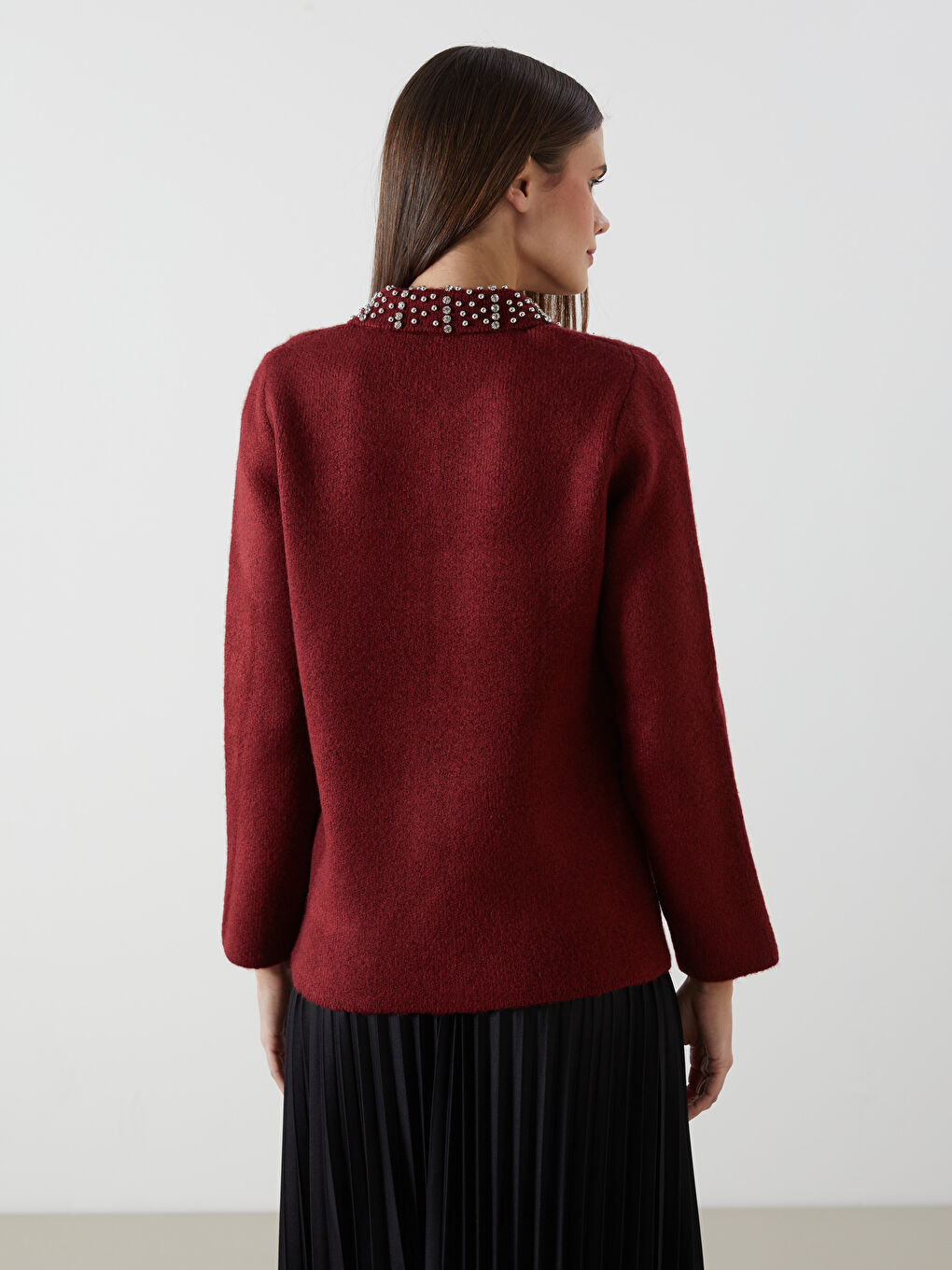 Bordo Polo Yaka Taşlı Kadın Triko Hırka-7