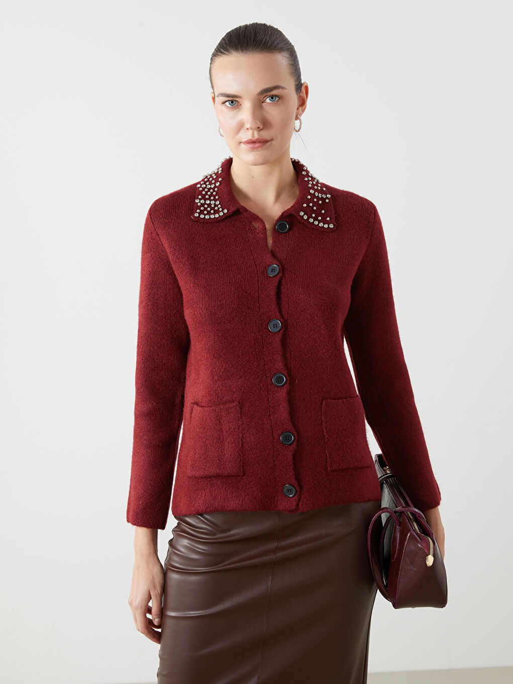 Bordo Polo Yaka Taşlı Kadın Triko Hırka