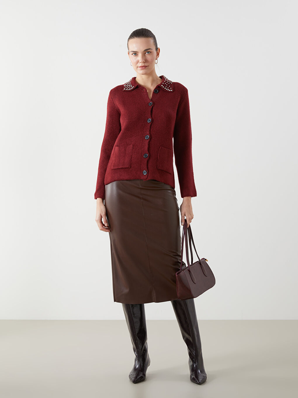 Bordo Polo Yaka Taşlı Kadın Triko Hırka-2