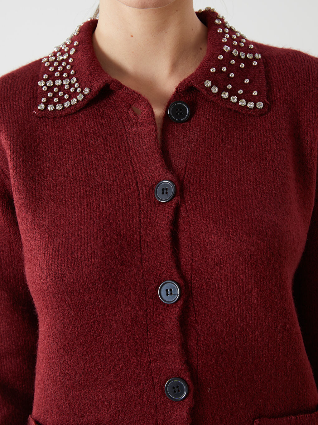 Bordo Polo Yaka Taşlı Kadın Triko Hırka-4