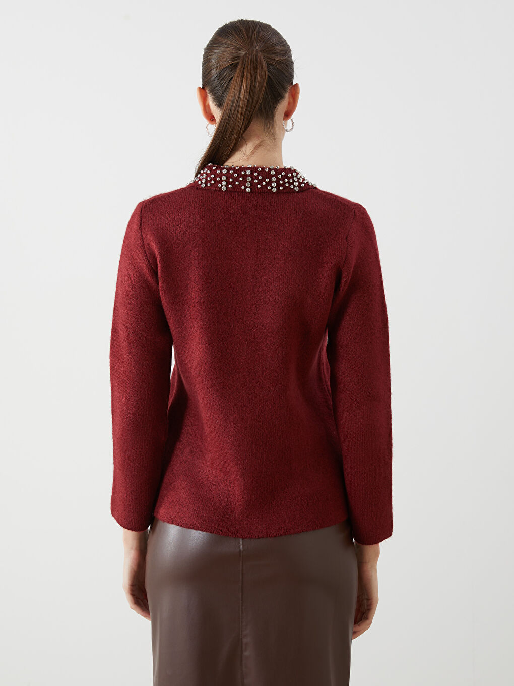 Bordo Polo Yaka Taşlı Kadın Triko Hırka-6