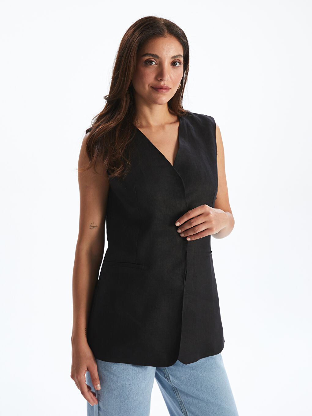 V-Neck Linen Women's Classic Waistcoat -S5N170Z8-CVL