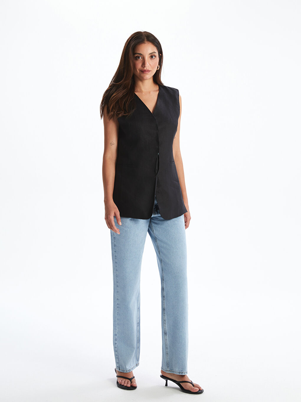 V-Neck Linen Women's Classic Waistcoat -S5N170Z8-CVL