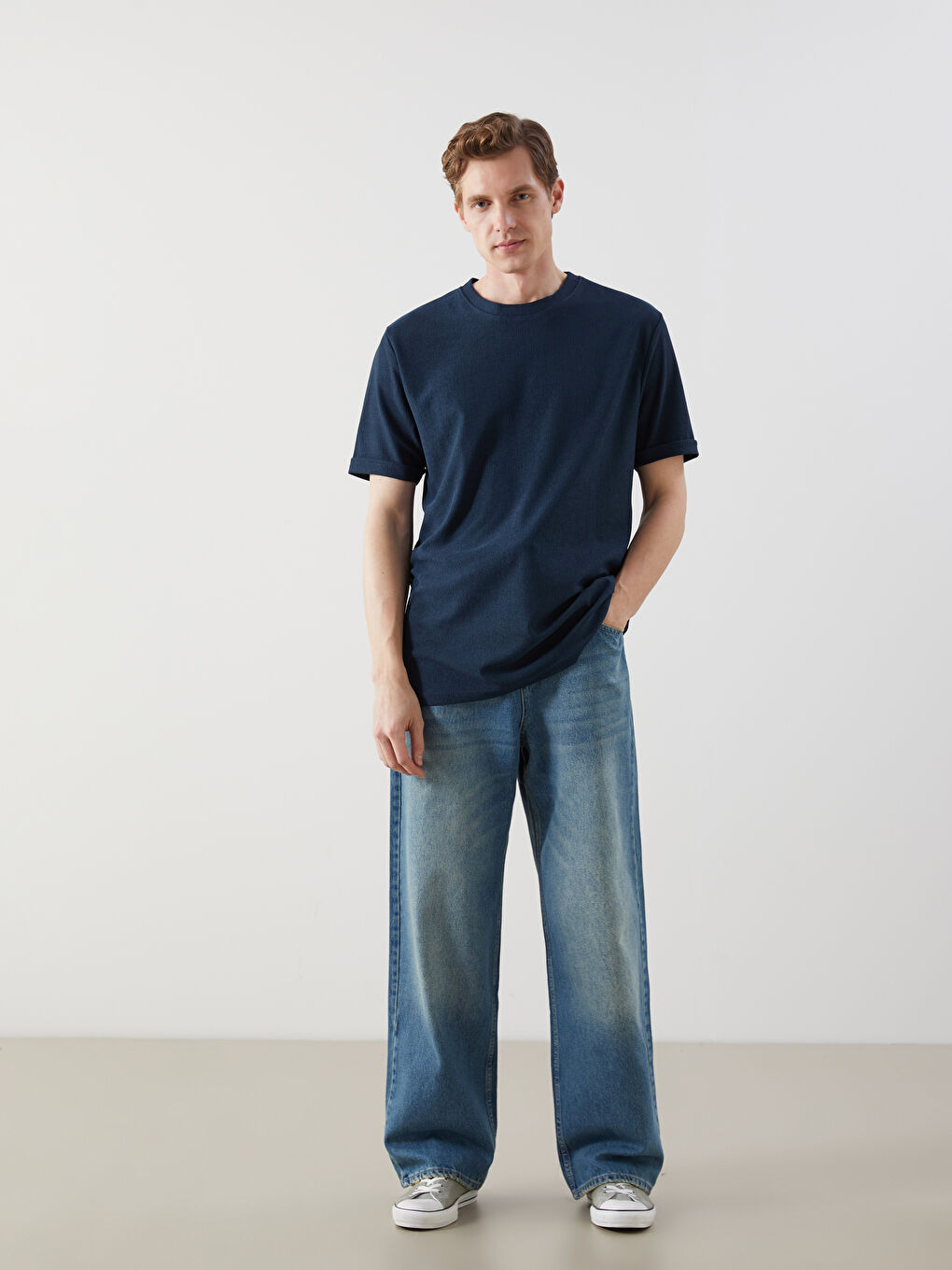 Petrol Bisiklet Yaka Kısa Kollu Erkek Dokulu Tişört-1