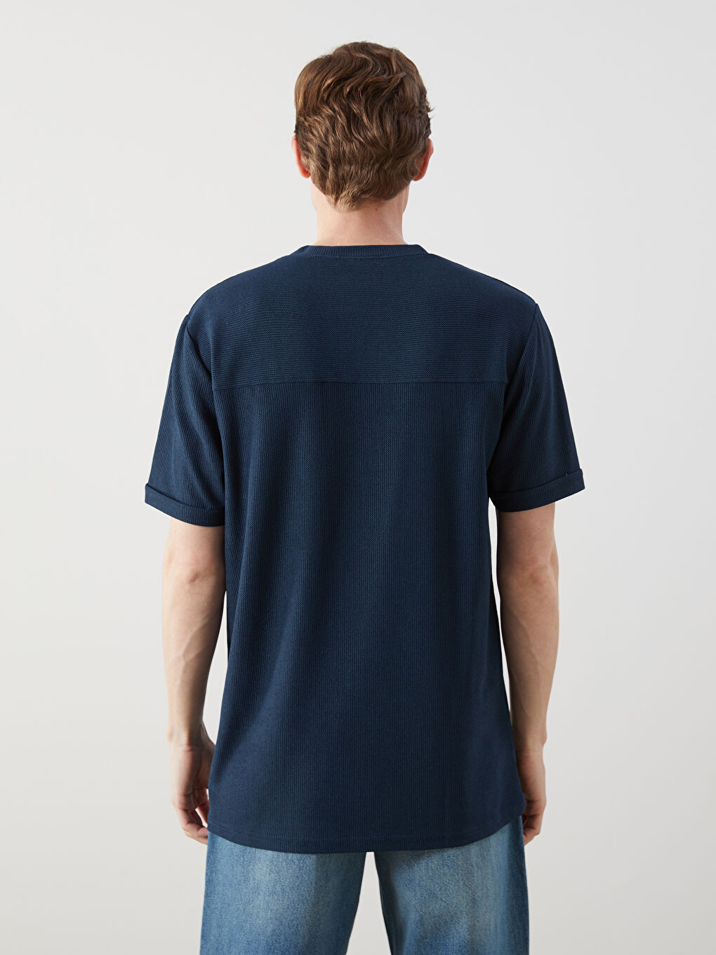 Petrol Bisiklet Yaka Kısa Kollu Erkek Dokulu Tişört-3