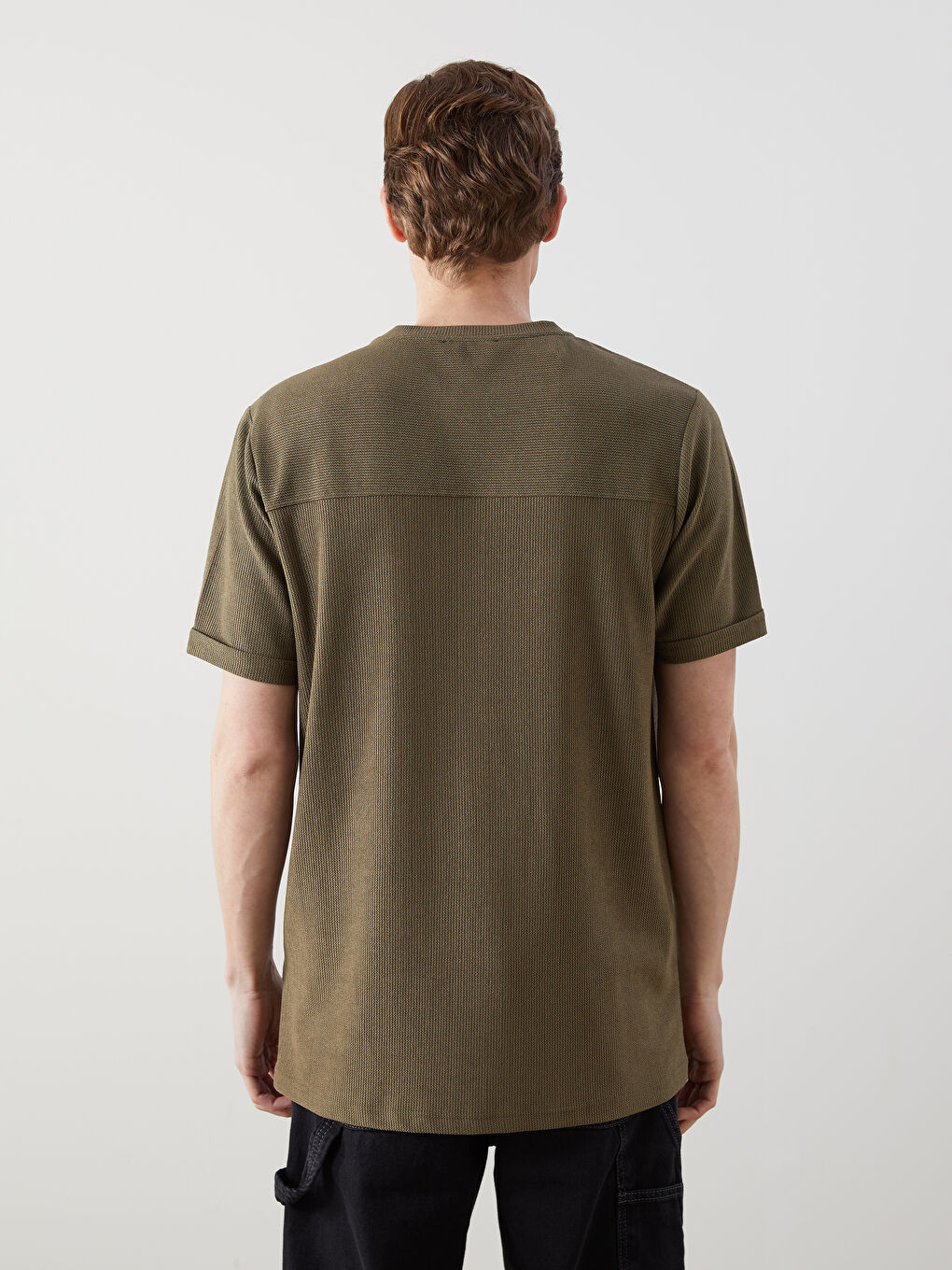 Kahverengi Bisiklet Yaka Kısa Kollu Erkek Dokulu Tişört-3