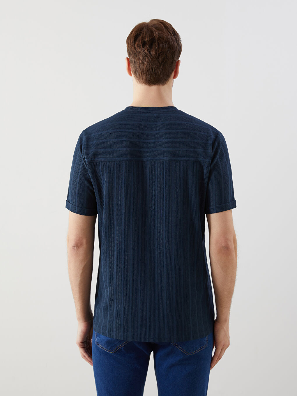 İndigo Bisiklet Yaka Erkek Dokulu Tişört-3