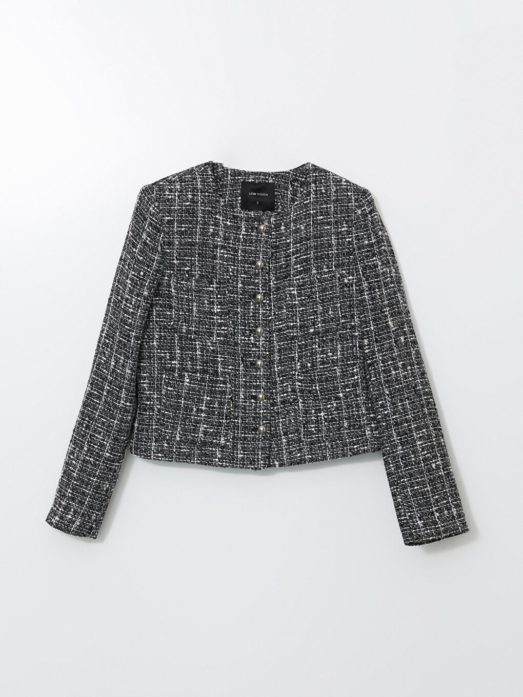 Siyah Bisiklet Yaka Kendinden Desenli Kadın Tüvit Ceket-4