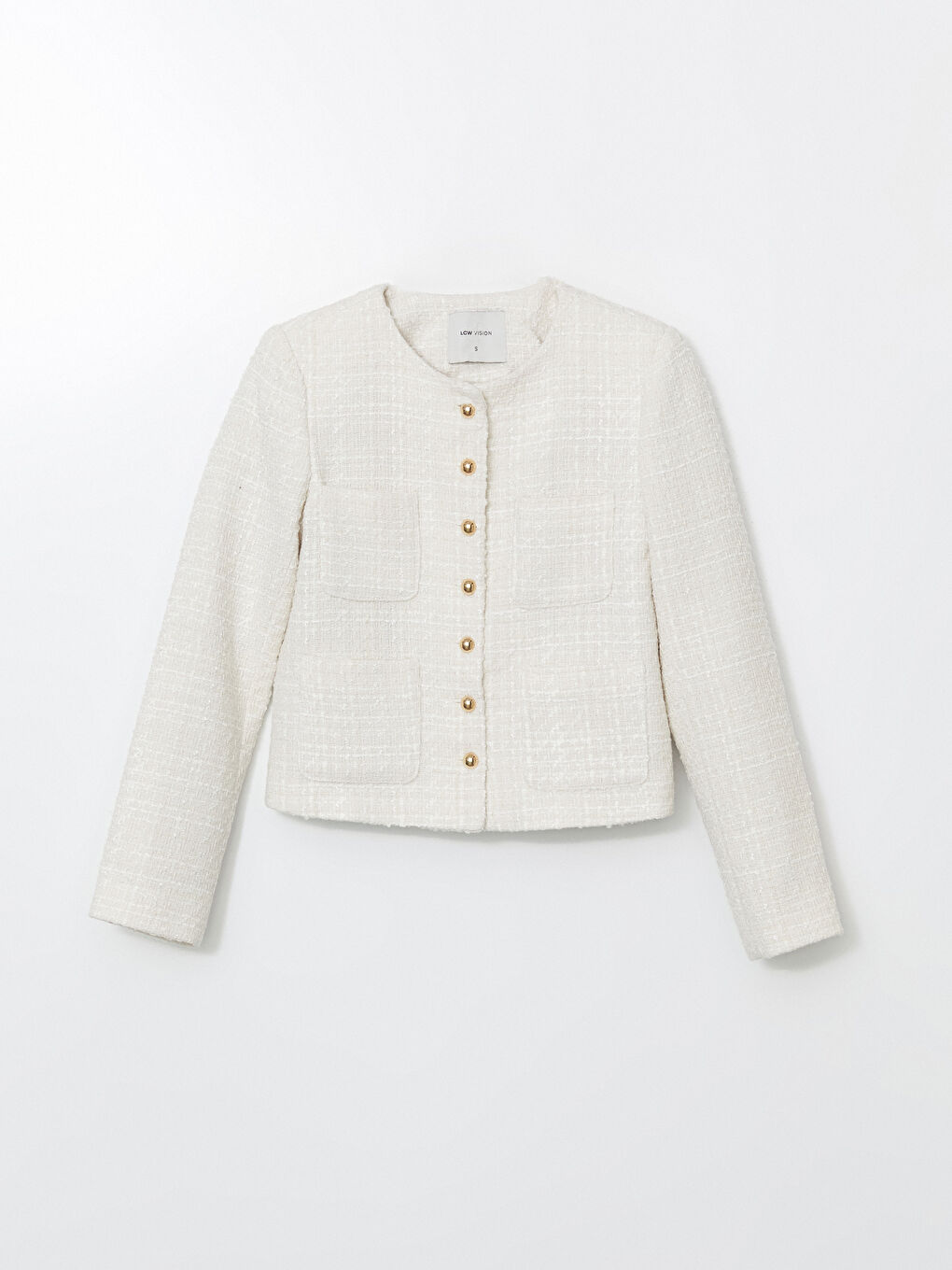 Ekru Bisiklet Yaka Kendinden Desenli Kadın Tüvit Ceket-4