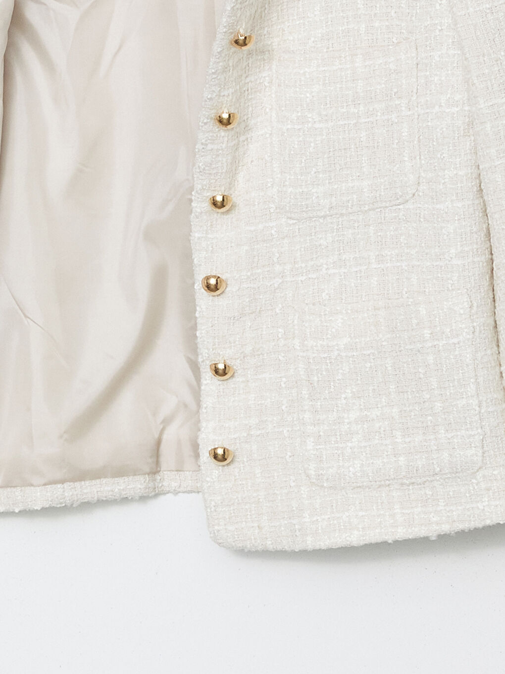 Ekru Bisiklet Yaka Kendinden Desenli Kadın Tüvit Ceket-5