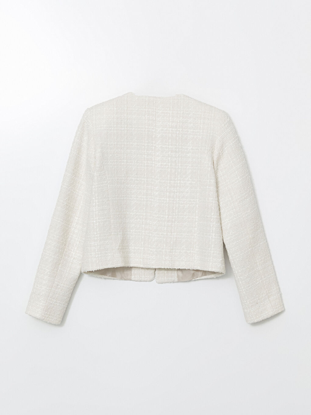 Ekru Bisiklet Yaka Kendinden Desenli Kadın Tüvit Ceket-6