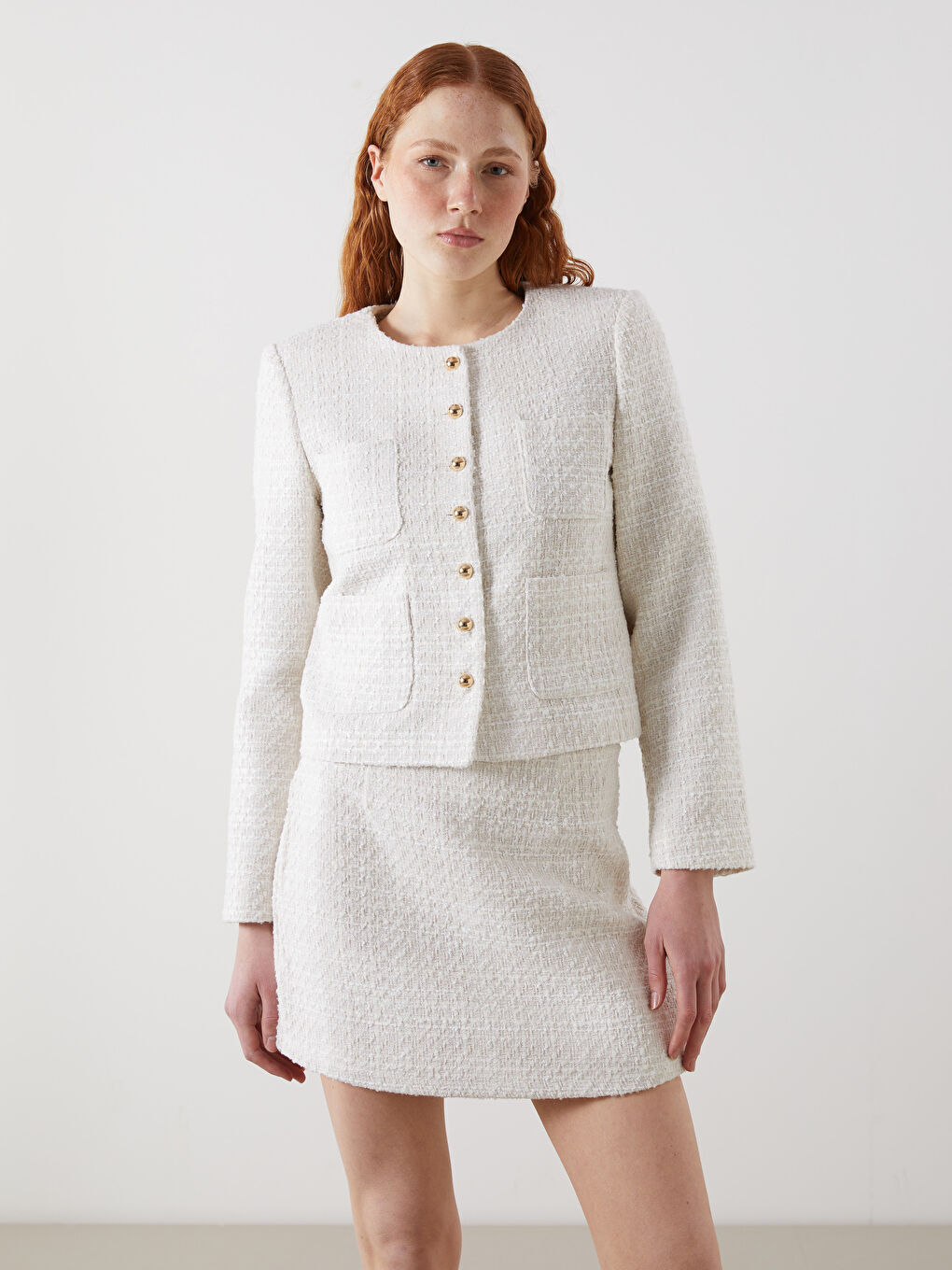 Ekru Bisiklet Yaka Kendinden Desenli Kadın Tüvit Ceket