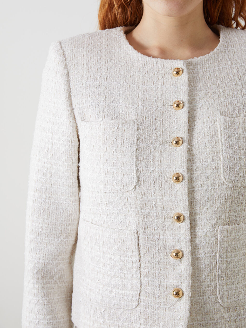 Ekru Bisiklet Yaka Kendinden Desenli Kadın Tüvit Ceket-2