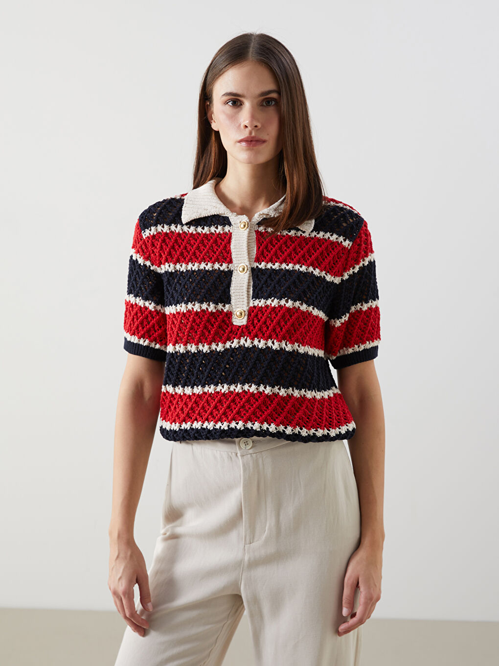 Kırmızı Polo Yaka Renk Bloklu Kadın Triko Kazak-1