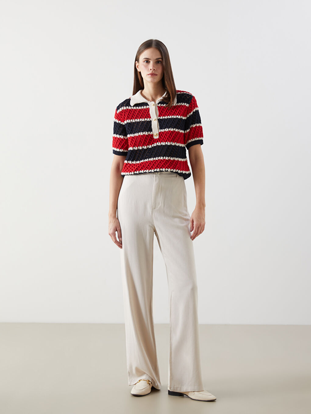 Kırmızı Polo Yaka Renk Bloklu Kadın Triko Kazak-2