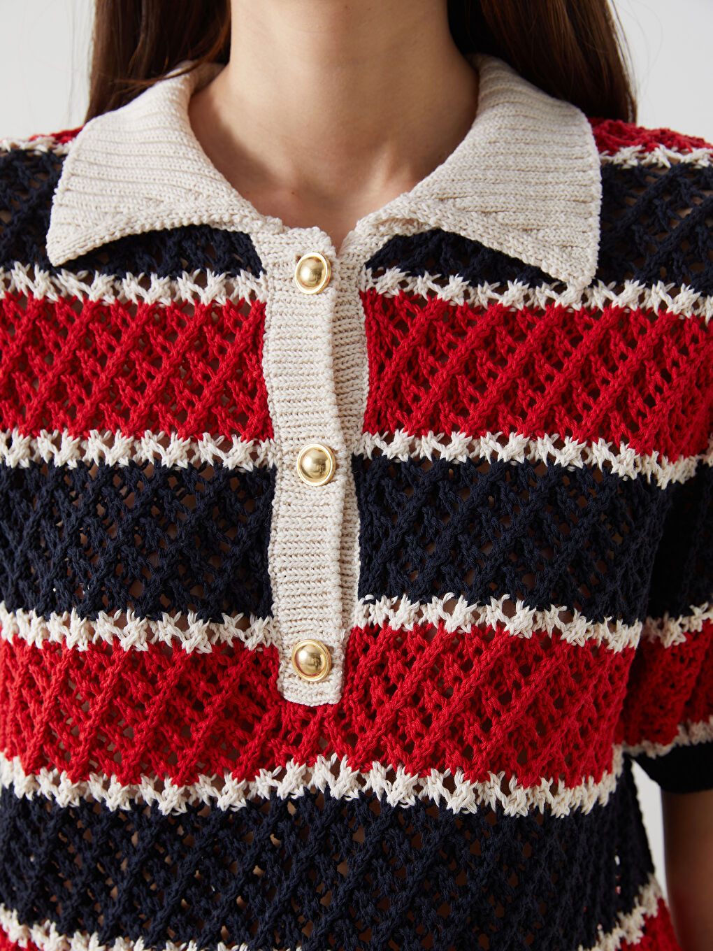 Kırmızı Polo Yaka Renk Bloklu Kadın Triko Kazak-3