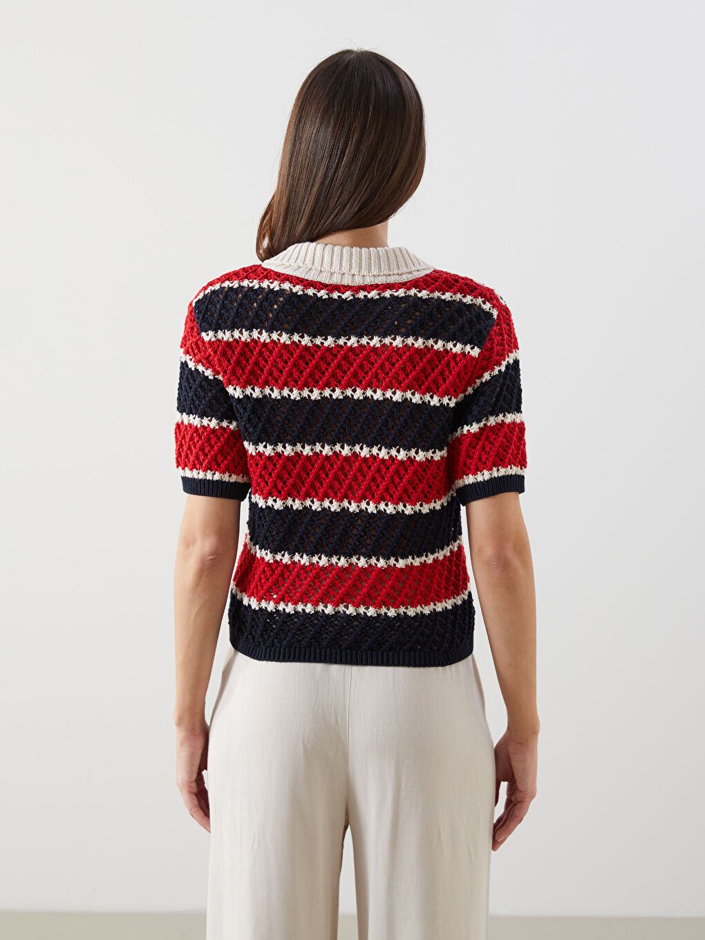 Kırmızı Polo Yaka Renk Bloklu Kadın Triko Kazak-4