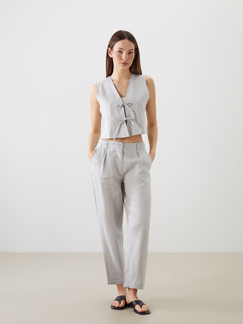 Elasticated Waist Linen Women's Trousers -S5N366Z8-JSB
