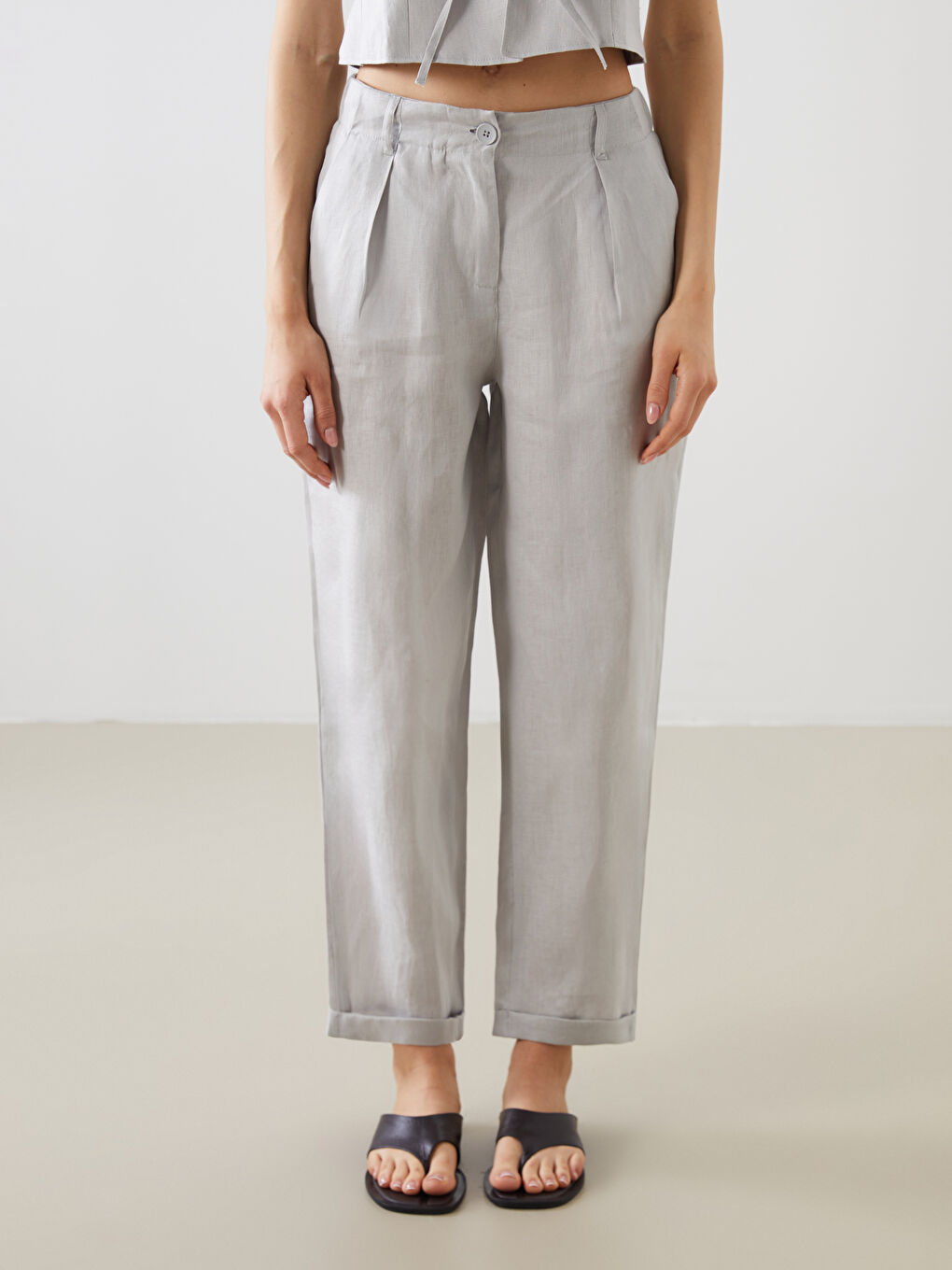 Elasticated Waist Linen Women's Trousers -S5N366Z8-JSB