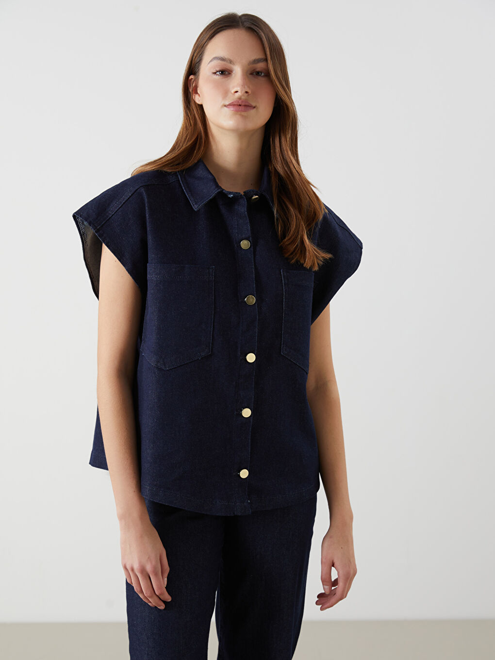 Shirt Collar Women Jean Vest -S5N403Z8-YZA
