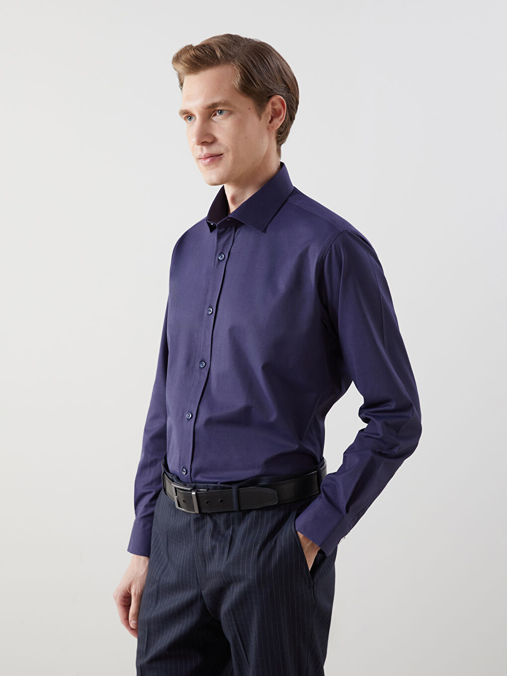Lacivert Slim Fit Uzun Kollu Gabardin Erkek Gömlek