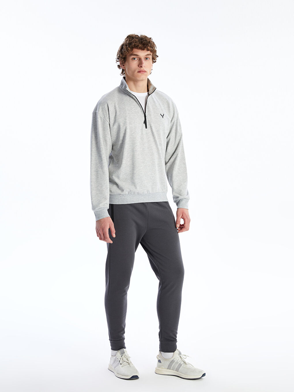 Gri Dik Yaka Erkek Sweatshirt-1