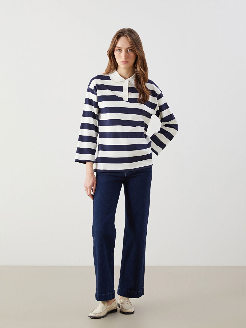 Lacivert Polo Yaka Çizgili Kadın Tişört-1