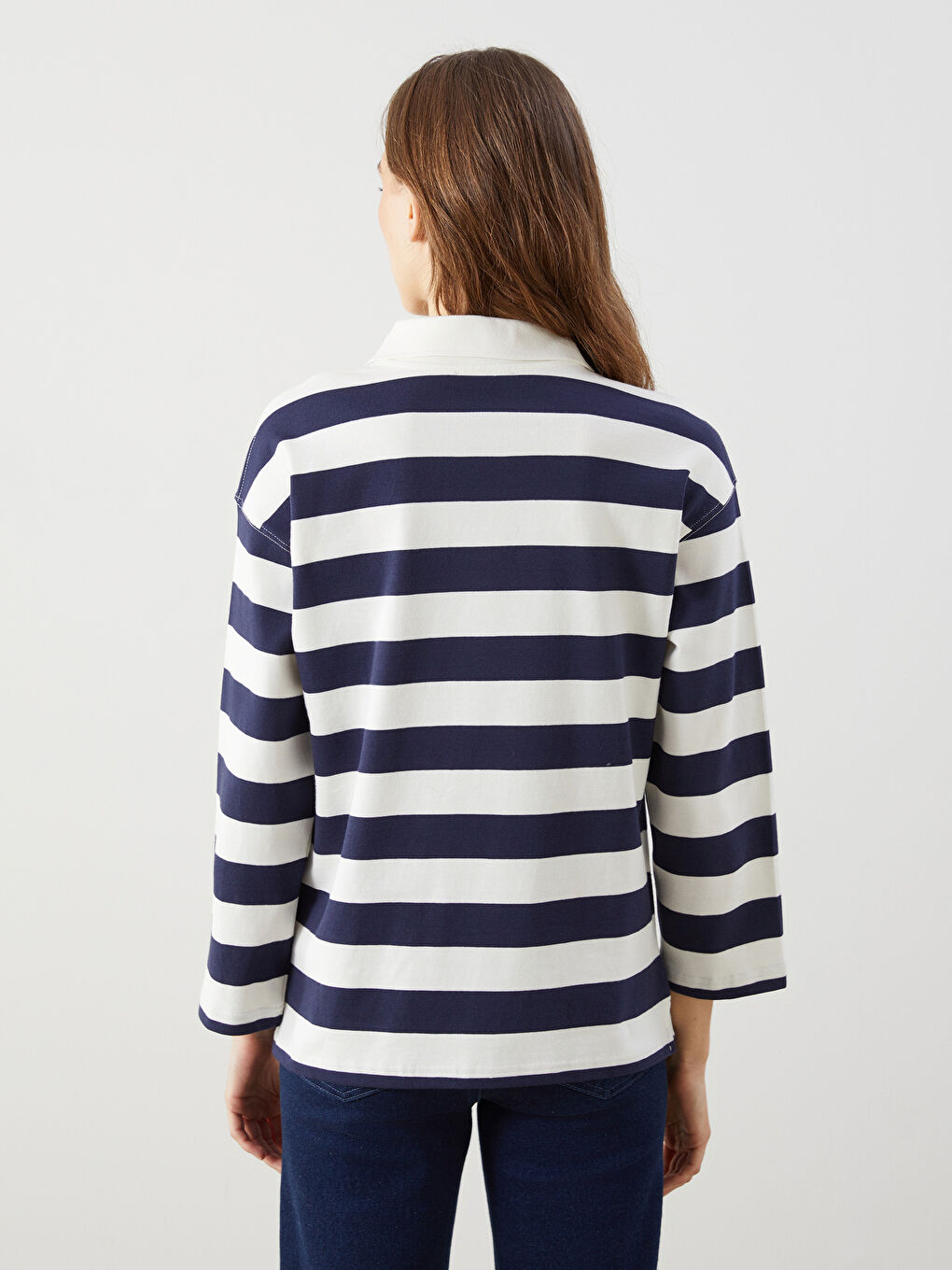 Lacivert Polo Yaka Çizgili Kadın Tişört-3