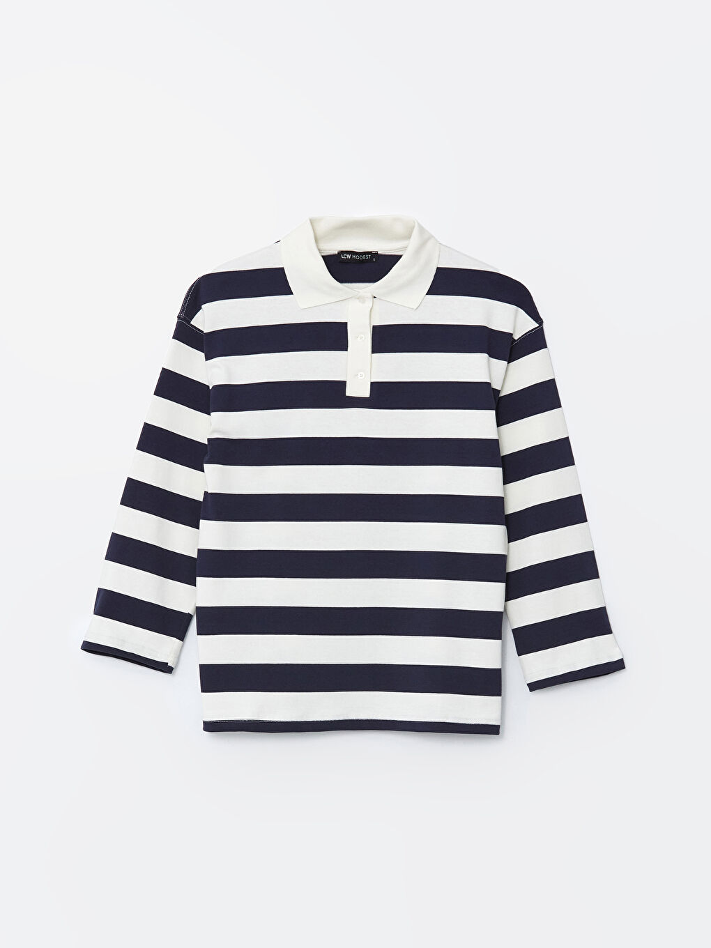 Lacivert Polo Yaka Çizgili Kadın Tişört-4