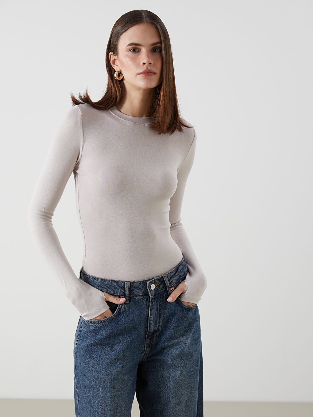 Bej Bisiklet Yaka Kadın Body