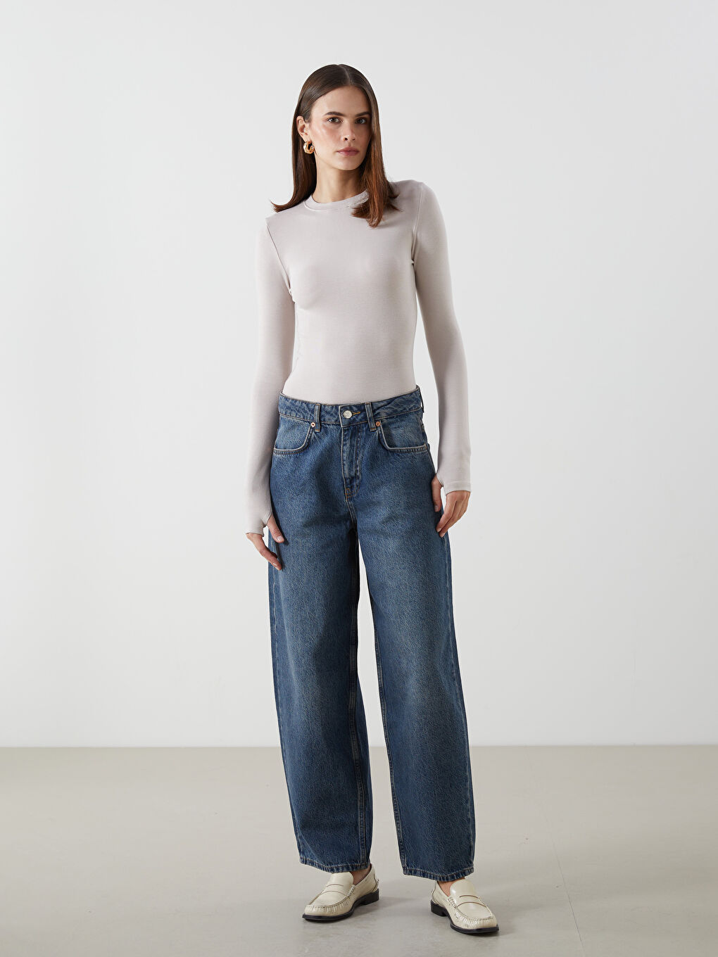 Bej Bisiklet Yaka Kadın Body-1