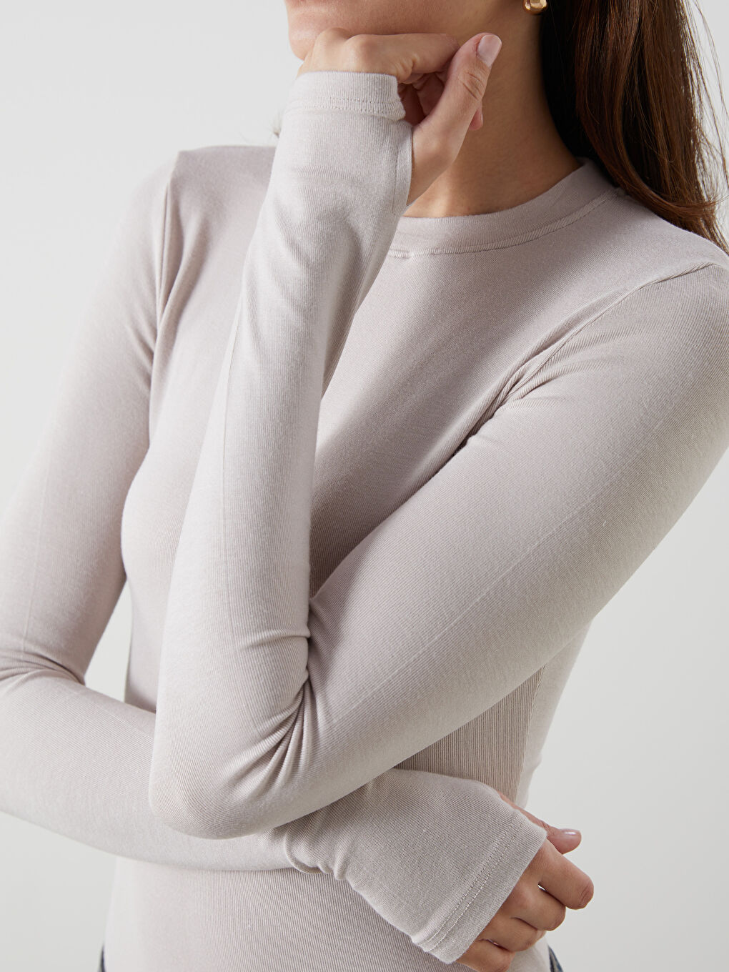 Bej Bisiklet Yaka Kadın Body-2