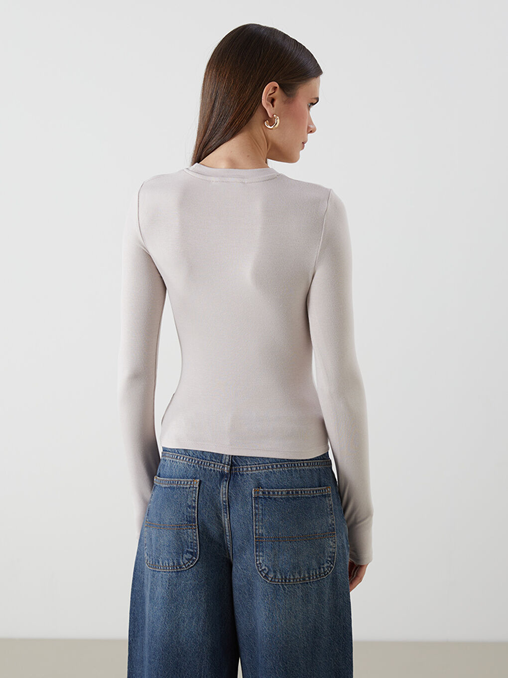 Bej Bisiklet Yaka Kadın Body-3