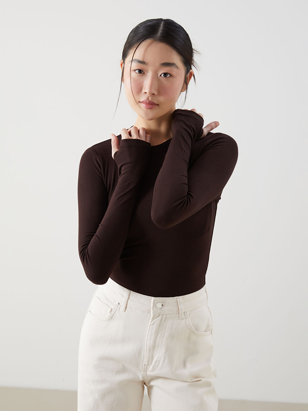 Kahverengi Bisiklet Yaka Kadın Body