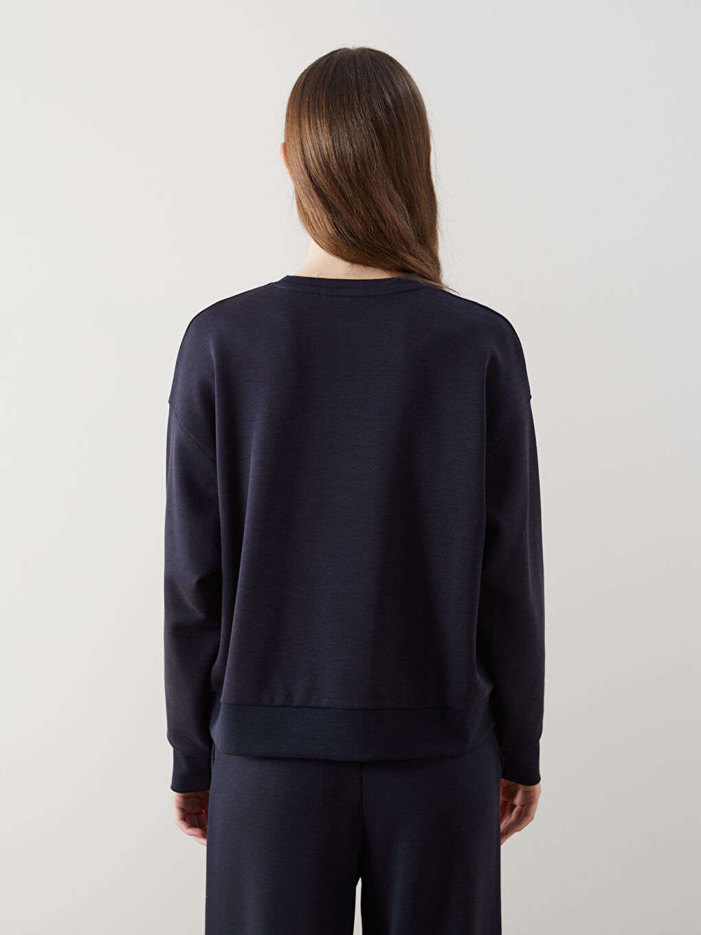 Lacivert Bisiklet Yaka Oversize Kadın Sweatshirt-3