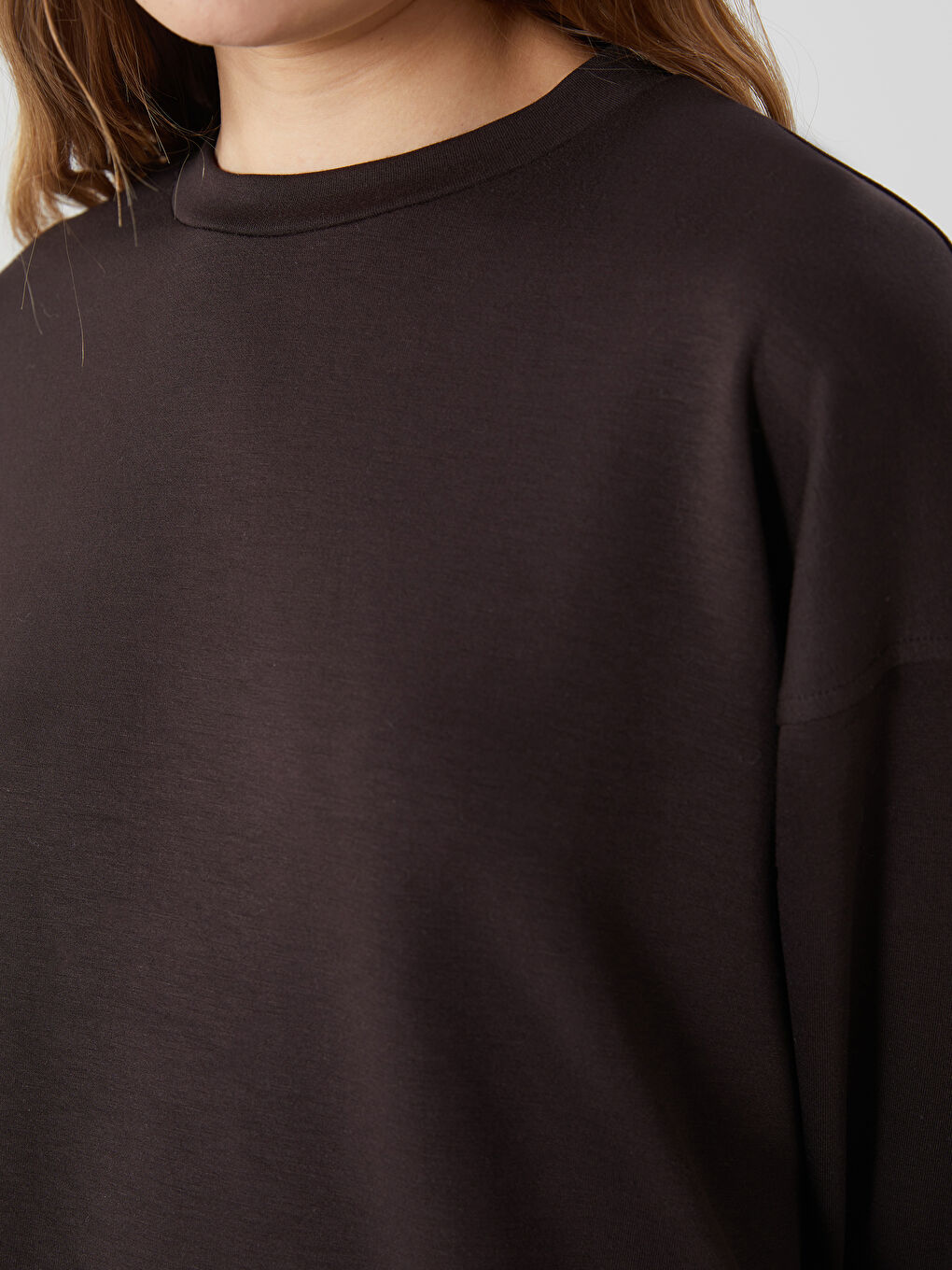 Kahverengi Bisiklet Yaka Oversize Kadın Sweatshirt-2