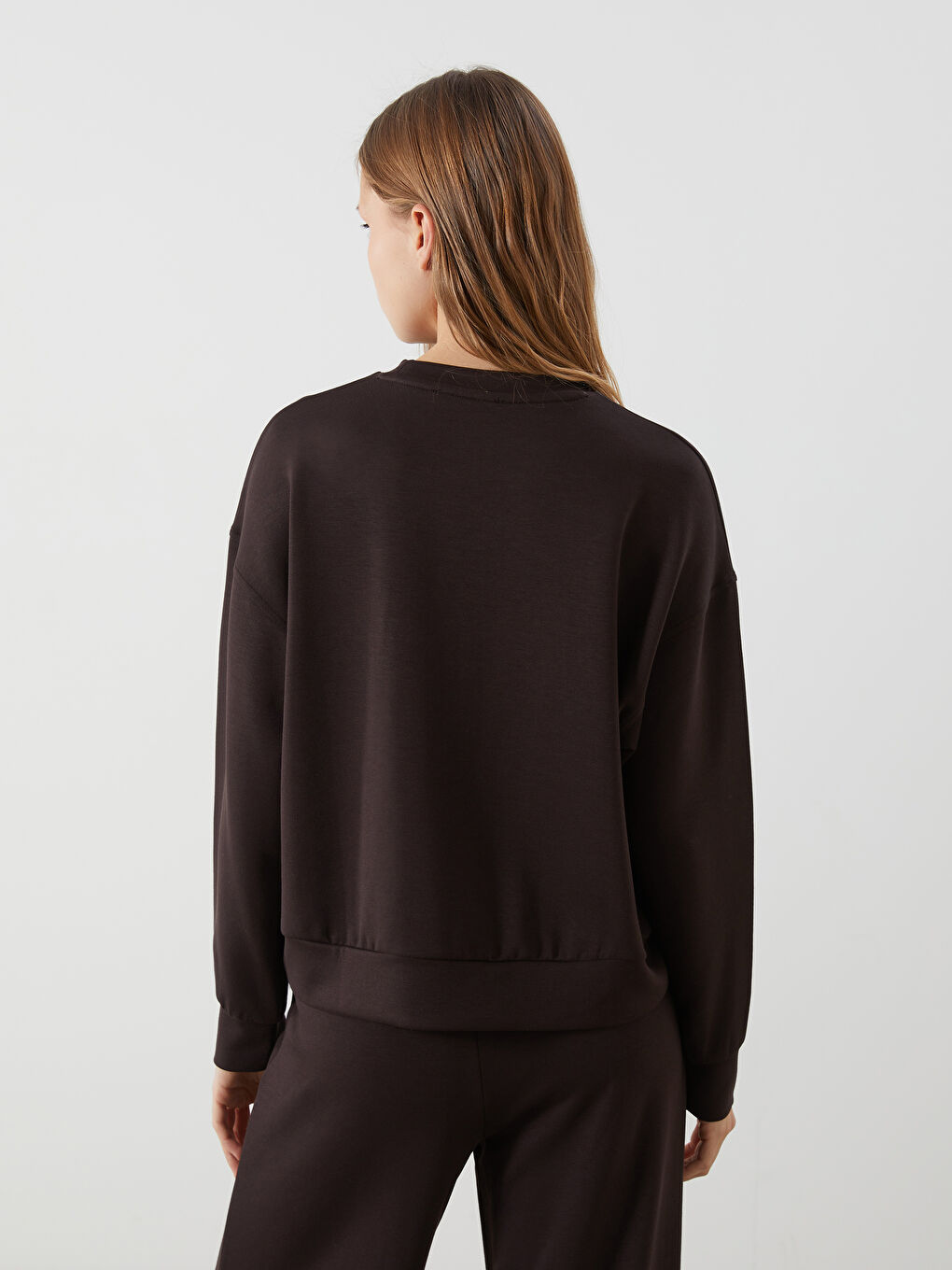 Kahverengi Bisiklet Yaka Oversize Kadın Sweatshirt-3