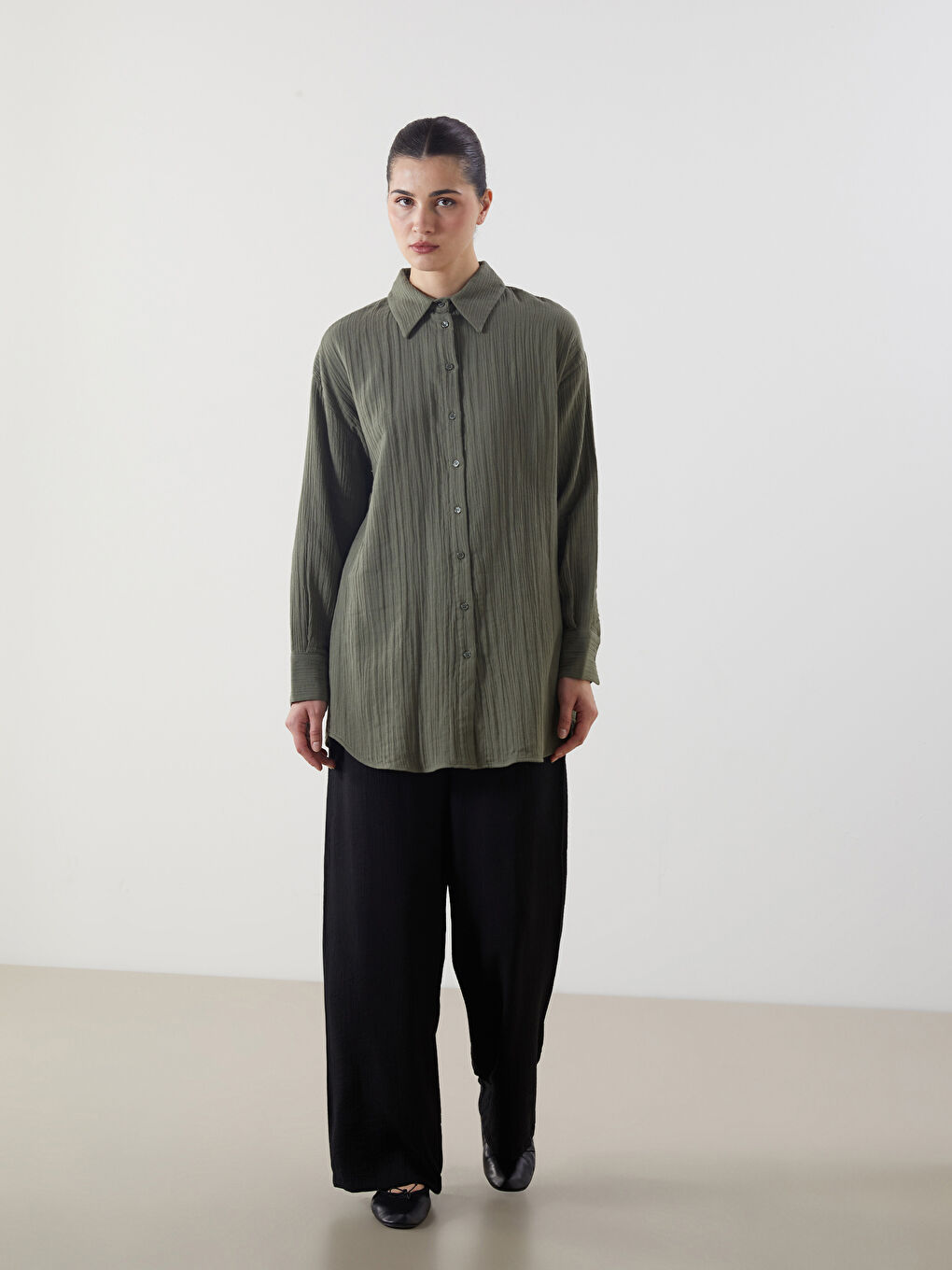 Haki Dokulu Oversize Kadın Gömlek Tunik-1