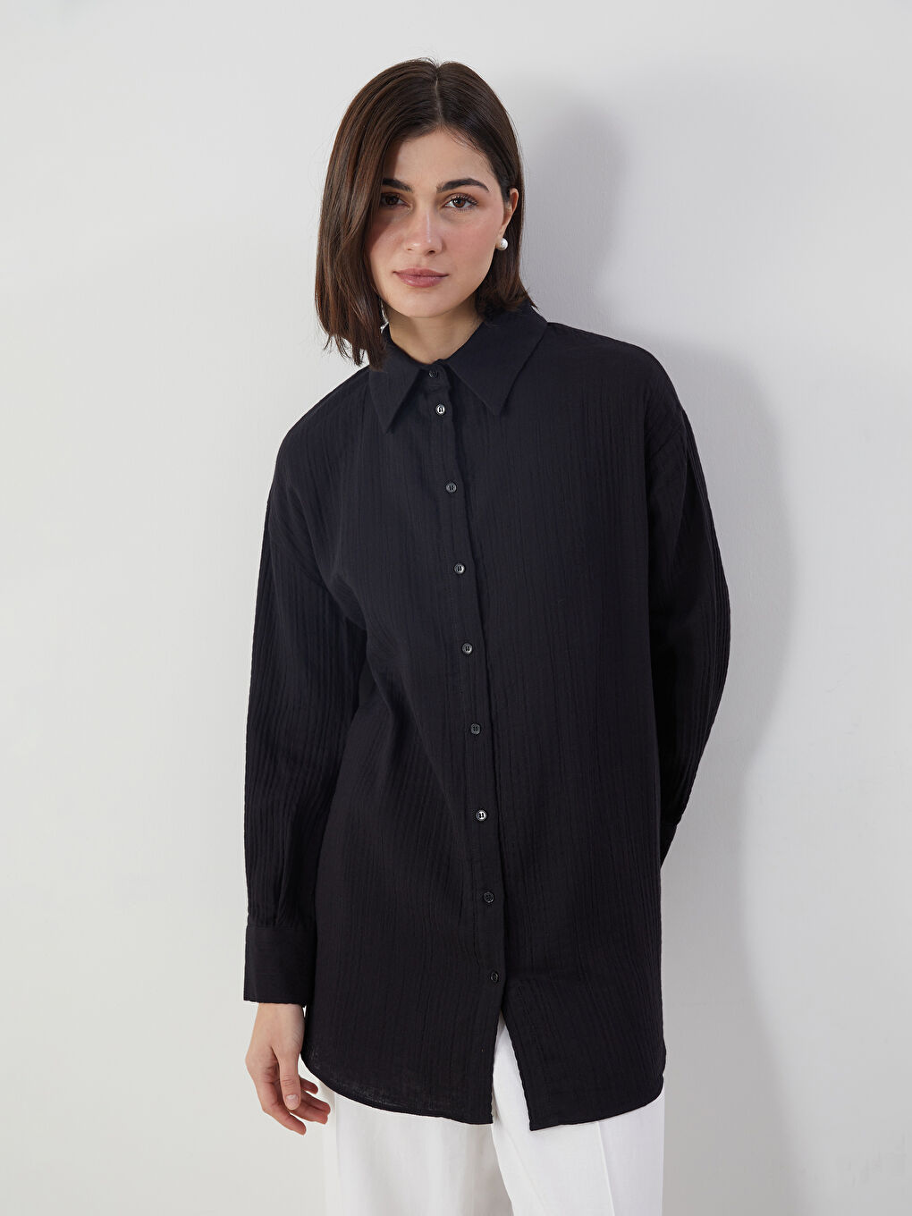 Siyah Dokulu Oversize Kadın Gömlek Tunik