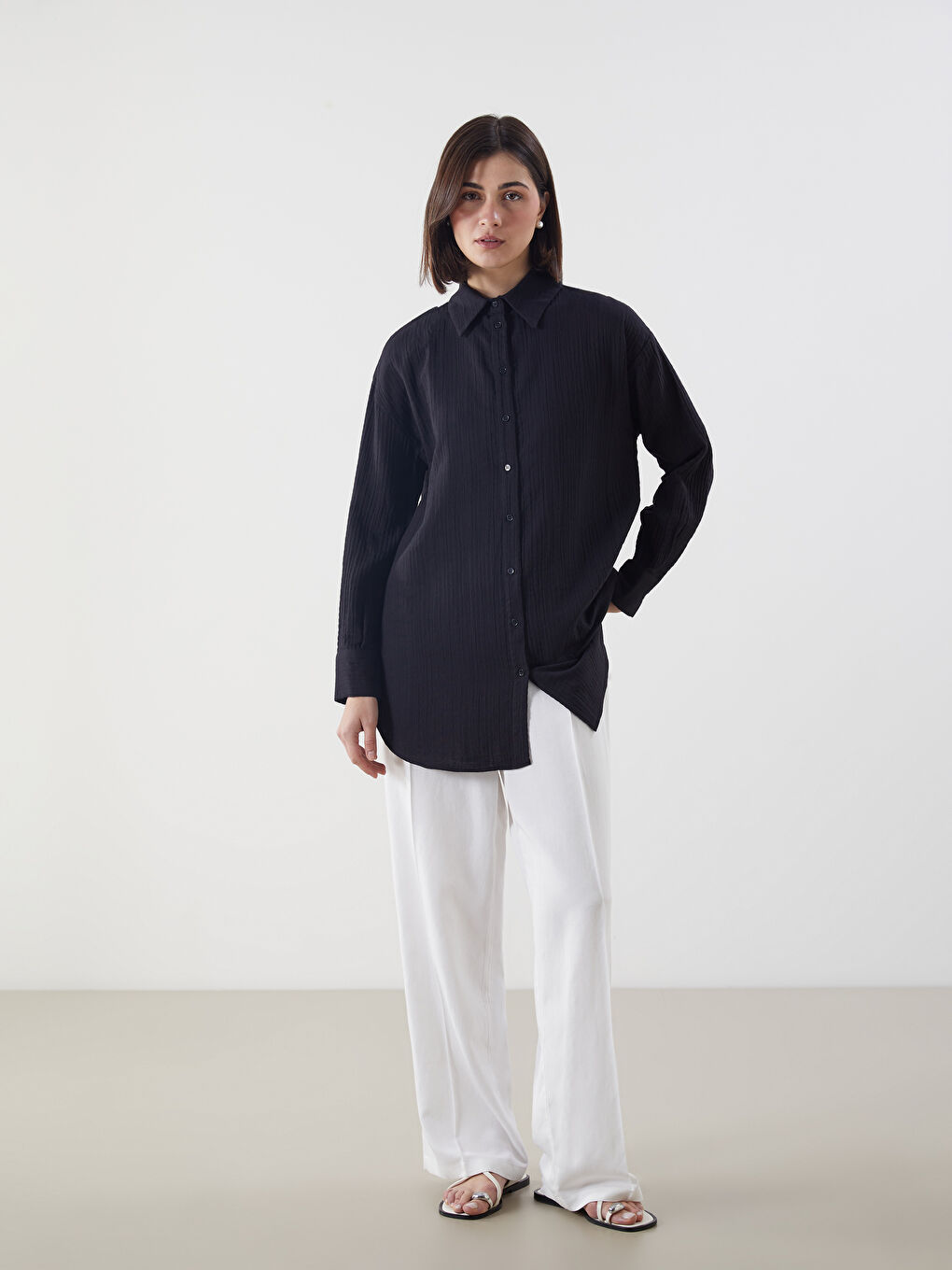 Siyah Dokulu Oversize Kadın Gömlek Tunik-1