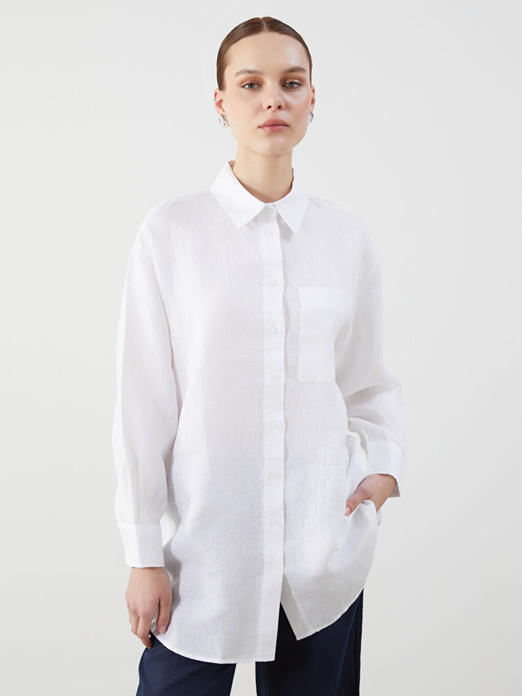 Plain Long Sleeve Oversize Linen Women's Shirt Tunic -S5N715Z8-FFB