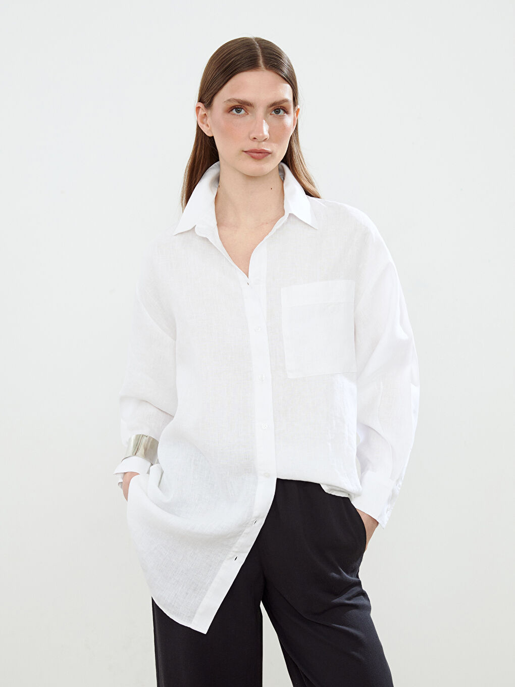 Plain Long Sleeve Oversize Linen Women's Shirt Tunic -S5N715Z8-FFB