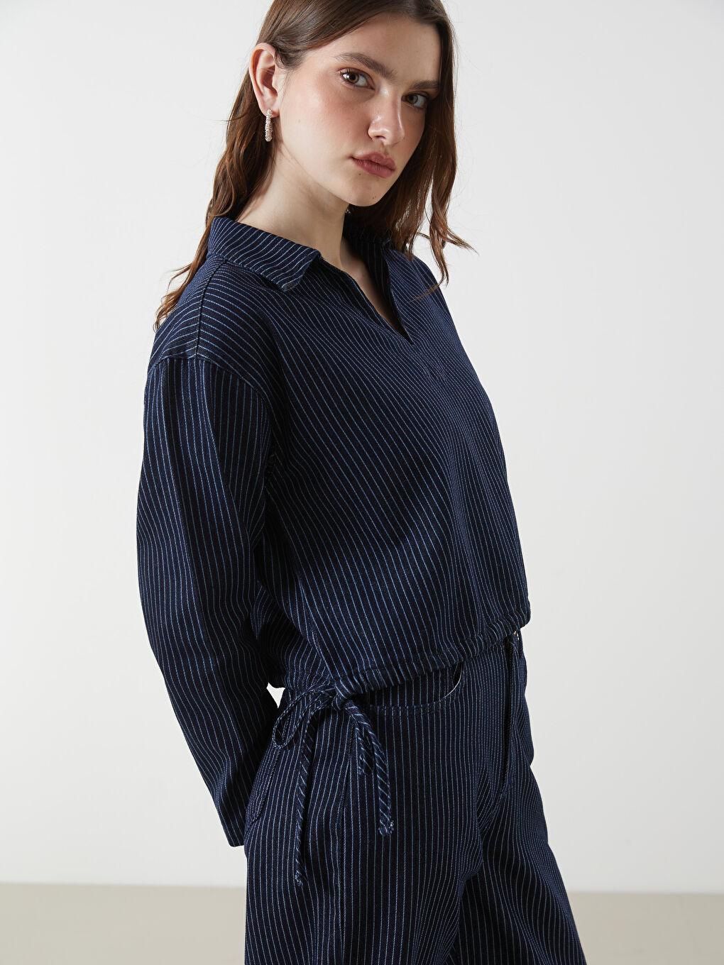 Shirt Collar Striped Crop Women'S Denim Blouse -S5N808Z8-309