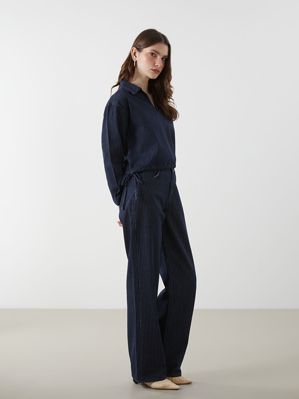 Shirt Collar Striped Crop Women'S Denim Blouse -S5N808Z8-309